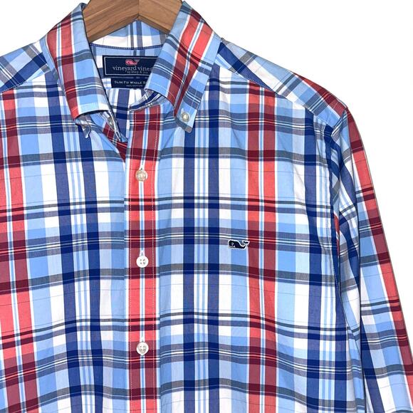 Vineyard Vines Preppy Slim Fit Blue Red Plaid Whale Button Up Shirt Size Small - Picture 2 of 14